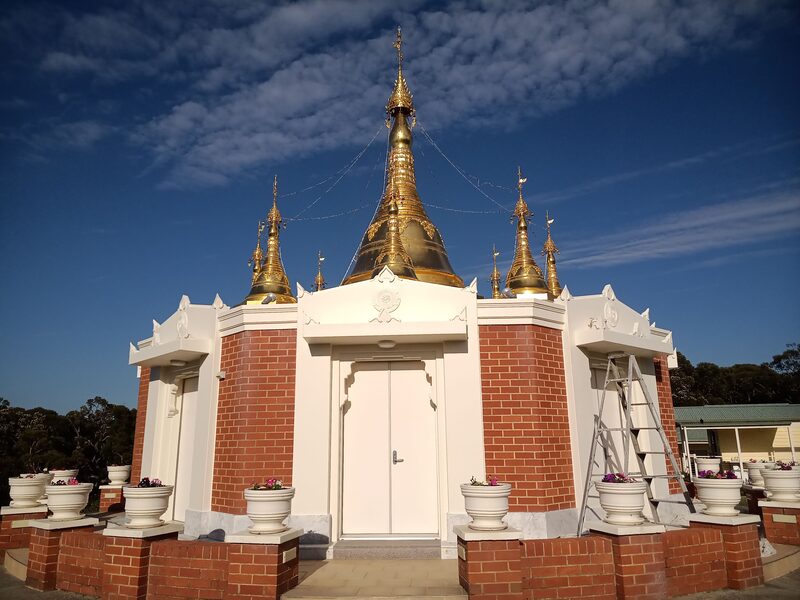 Exterior archetrave, doors and parapets newly painted on a pagoda, located at Sunshine, NSW. 